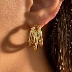 BRINCO ARGOLA TRÊS FIOS BORBOLETAS ZIRCÔNIAS DOURADO BIJU
