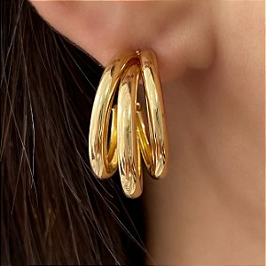 BRINCO ARGOLA TRÊS FIOS BORBOLETAS ZIRCÔNIAS DOURADO BIJU
