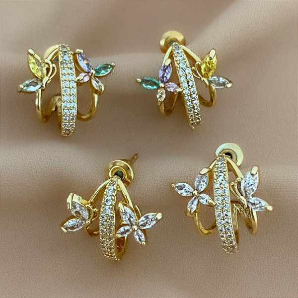 BRINCO ARGOLA TRÊS FIOS BORBOLETAS ZIRCÔNIAS DOURADO BIJU