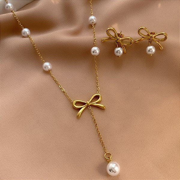 COLAR E BRINCO KIT LAÇO E PÉROLAS GRAVATINHA DOURADO AÇO 316L PREMIUM⭐️