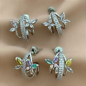 BRINCO ARGOLA TRÊS FIOS BORBOLETAS ZIRCÔNIAS DOURADO BIJU