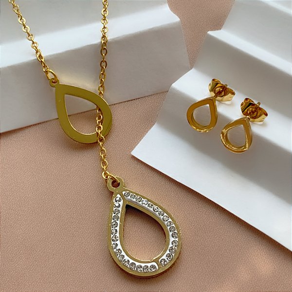 COLAR E BRINCO KIT GRAVATINHA GOTA ZIRCÔNIAS DOURADO AÇO 316L⭐️