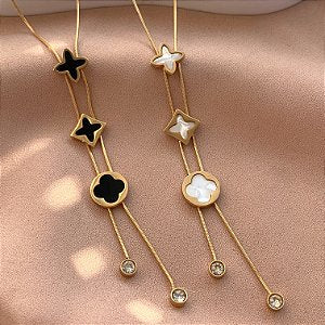 COLAR E BRINCO KIT GRAVATINHA GOTA ZIRCÔNIAS DOURADO AÇO 316L⭐️