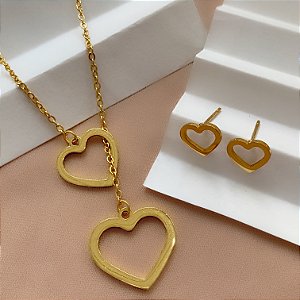COLAR E BRINCO KIT LAÇO E PÉROLAS GRAVATINHA DOURADO AÇO 316L PREMIUM⭐️