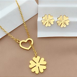 COLAR E BRINCO KIT LAÇO E PÉROLAS GRAVATINHA DOURADO AÇO 316L PREMIUM⭐️