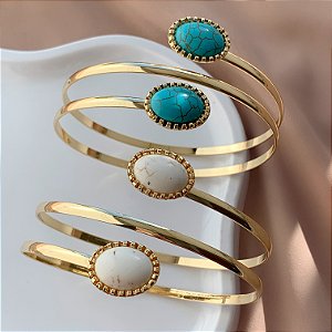 BRACELETE LISO PEDRAS OVAIS PRATEADO BIJU