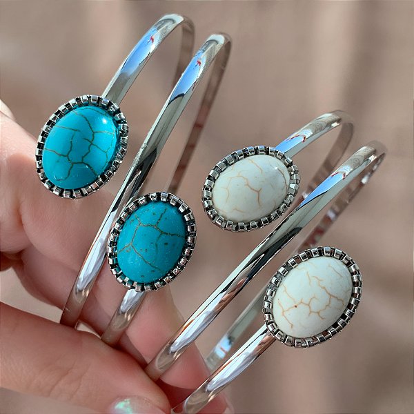 BRACELETE LISO PEDRAS OVAIS PRATEADO BIJU
